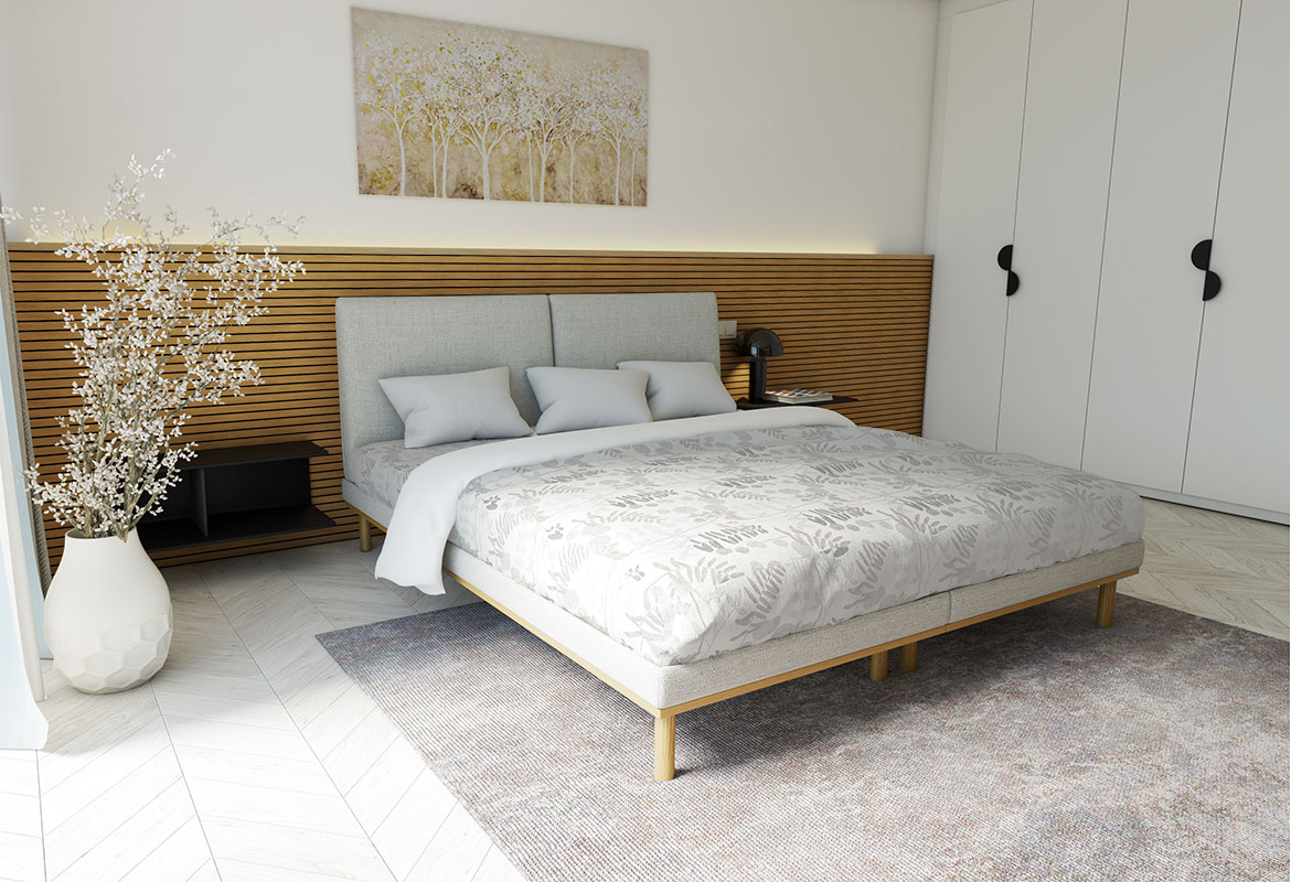 postelja, siva tkanina, zračna, dvignjene noge