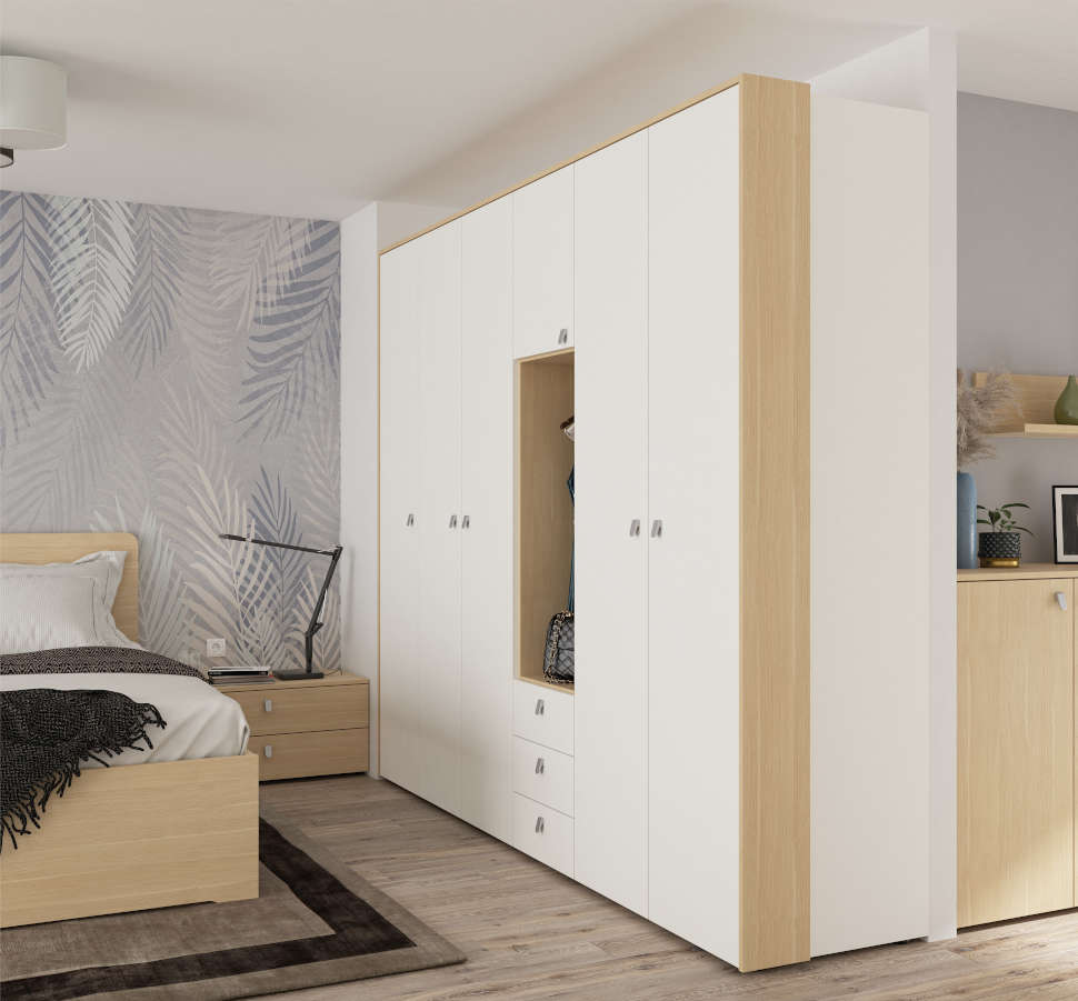 Spalnica Magnet - bele fronte, leseni ročaji spalnice, garderobna omara, pisalna miza, nočna omarica