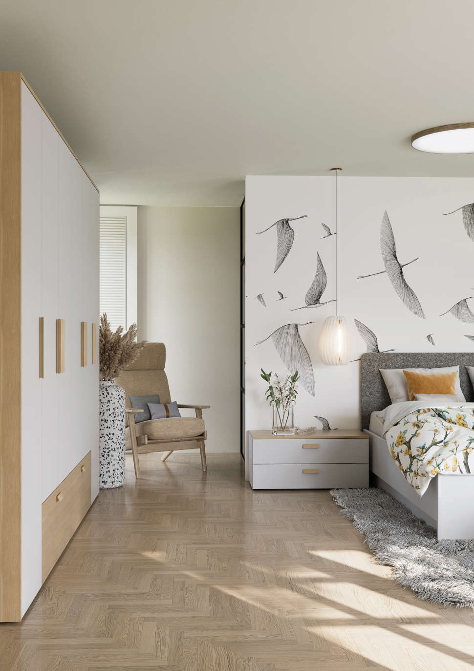 Spalnica Magnet - bele fronte, leseni ročaji spalnice, garderobna omara, pisalna miza, nočna omarica