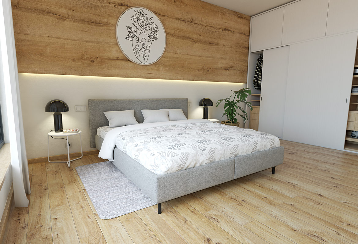 postelja, siva tkanina, zračna, dvignjene noge